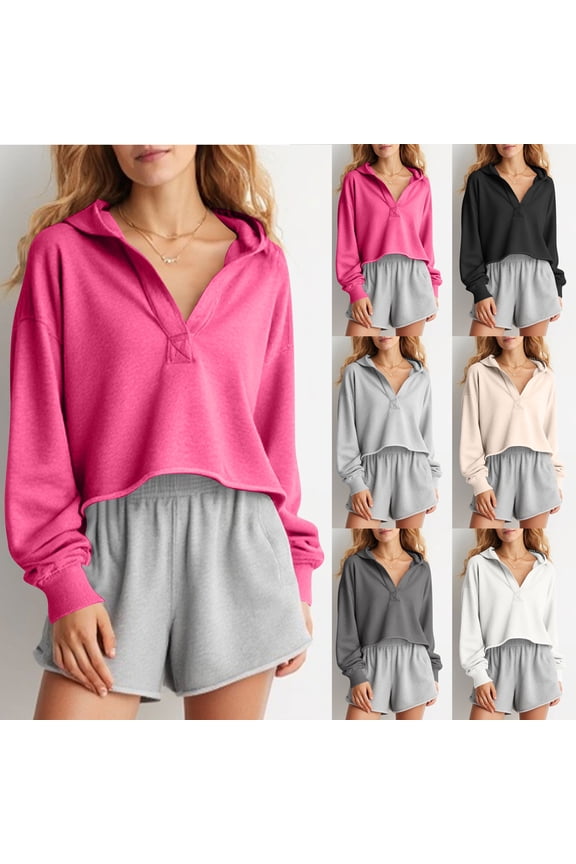 V-Neck Hoodies for Women Solid Cropped Hooded Sweatshirt Fall Long Sleeve Loose Fit Pullover Sweatshirts Cute Lounge Blouse