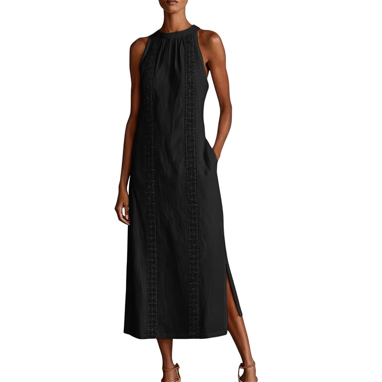 VEKDONE Vacation Dresses for Women Sleeveless Halter Neck Dress Lace Patchwork Summer Midi Dresses with Pockets Holiday Black XXXL