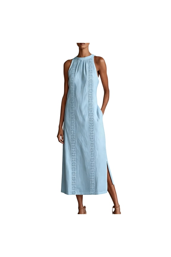 Vacation Dresses for Women Sleeveless Halter Neck Dress Lace Patchwork Summer Midi Dresses with Pockets Holiday Blue S