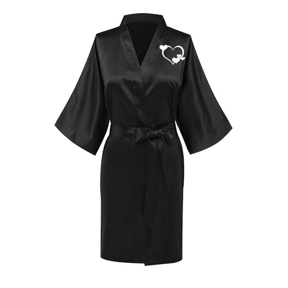 VEKDONE Valentine's Day Love Heart Print Robe for Women 2025 Clearance Sale Deep V Ice Silk Housecoat Nightgown Solid Color Loose Fit Cardigan Loungewear Casual Couple Bathrobes Black XXL