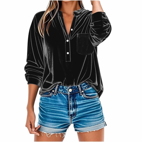 VEKDONE Velvet Plus Size Tops for Women Fall Long Sleeve Button Down V-Neck Pullover Top Retro Soft Comfy Blouses with Pocket Solid Color Loose Fit Tunic Tops