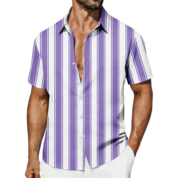 VEKDONE Vertical Stripes Shirts for Men Summer Short Sleeve Collared Button Down Shirt Casual Loose Fit Lightweight Beach Vacation Shirt Purple XXXXL