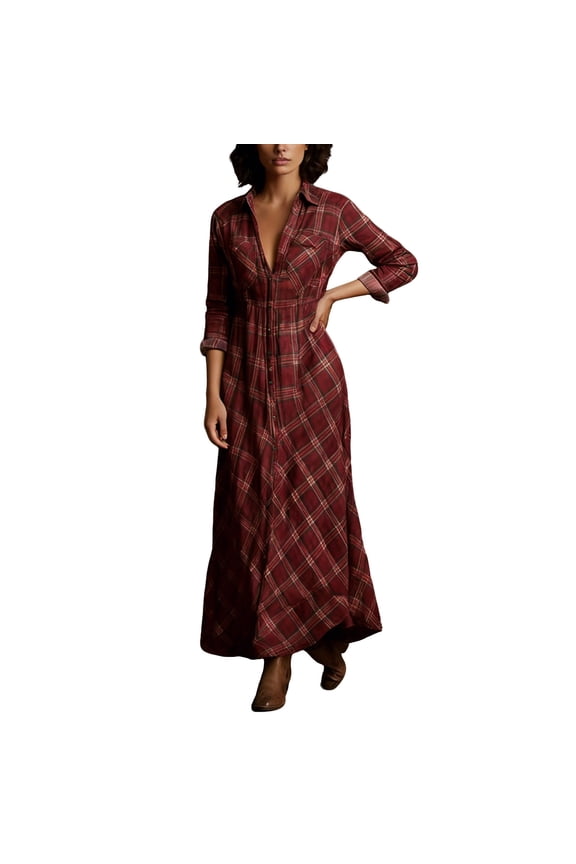 Vintage Checkered Maxi Dress for Women Button Down Loose Lapel Collar Long Dress Long Sleeve Swing Casual Holiday Beach Dresses Red S