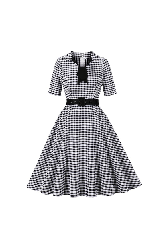 Vintage Plaid Dress for Women Retro Swing Tea Dress Short Sleeve V Neck Belted A-Line Midi Party Cocktail Dress Black L