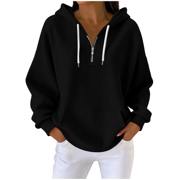 VEKDONE Waffle Hoodie Sweatshirt for Women Loose Fit Hooded Pullover 1/4 Zip Up Plus Size Sweatshirts Fall Winter Long Sleeve Hoodies with Pocket Black M