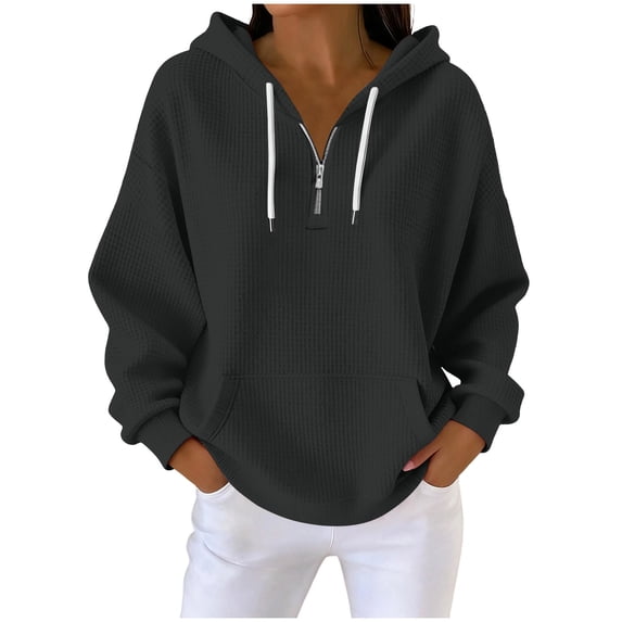 VEKDONE Waffle Hoodie Sweatshirt for Women Oversized Loose Fit Hooded Pullover 1/4 Zip Up Plus Size Sweatshirts Fall Winter Long Sleeve Hoodies with Pocket Dark Gray S