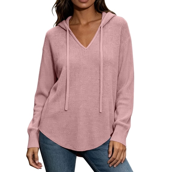 VEKDONE Waffle Hoodie Sweatshirts for Women Fall Long Sleeve V Neck Hoodies Casual Loose Fit Drawstring Pullover Tops Solid Color Lightweight Curved Hem Sweatshirt Pink XL