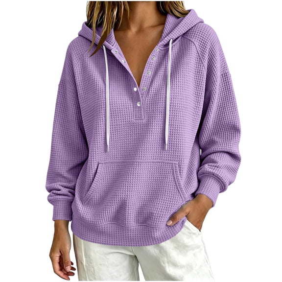 VEKDONE Waffle Knit Hoodies for Women Half Button Drawstring Hooded Sweatshirts Fall Long Sleeve Loose Fit Lightweight Pullover Top with Pocket Purple XXL