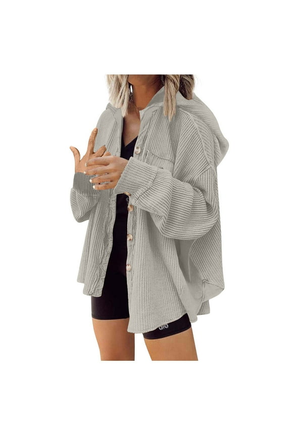 Waffle Knit Jackets for Women Long Sleeve Button Hoodie Coats Solid Loose Fit Shackets Jacket Oversized Lightweight Hooded Coat with Pockets