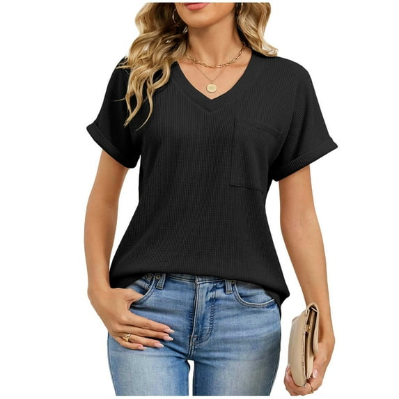 VEKDONE Waffle Knit T Shirt for Women Summer Roll Short Sleeve V-Neck Tunic Tops Solid Color Loose Fit Lightweight Pullover Top Housewear Knitwear Black XXL