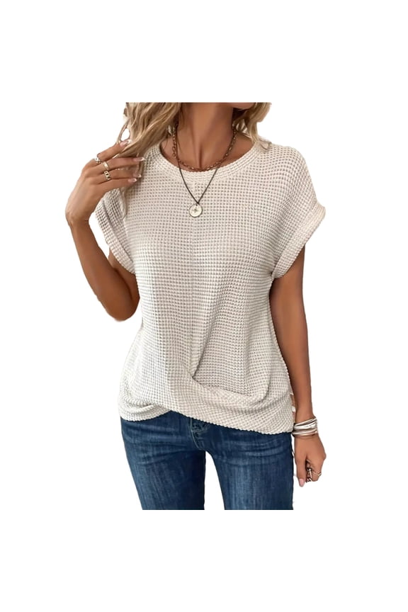 Waffle Knot Tops for Womens 2026 Summer Cap Sleeve Crewneck Twist Knot Tunic Tops Casual Loose Fit Comfort T Shirts Solid Color Housewear Blouse White L