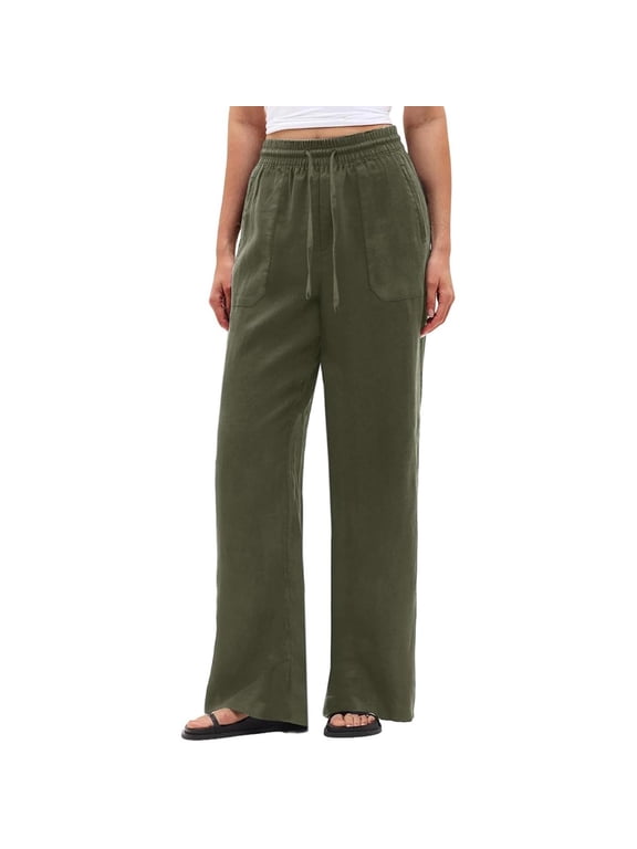Wide Leg Palazzo Pants for Women Cotton Drawstring Flowy Straight Trousers with Pockets Casual Loose Fit Lightweight Long Pants Green M