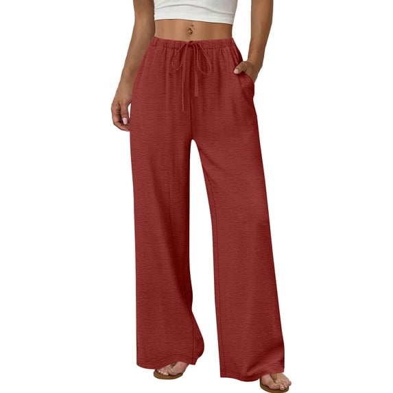 VEKDONE Wide Leg Pants for Women Flowy Palazzo Drawstring Elastic Waist Trousers with Pockets Summer Beach Vacation Clothes Red M