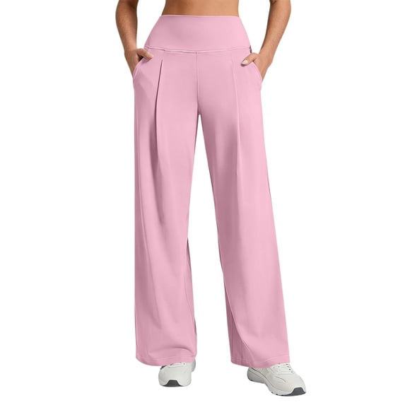 VEKDONE Wide Leg Yoga Pants for Women Stretchy High Waisted Loose Fit Straight Leg Pants with Pockets Summer Casual Workout Trousers Gym Joggers Pants Pink M