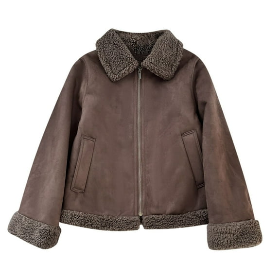 VEKDONE Winter Cotton Jacket for Womens Warm Sherpa Lined Lapel Jackets Fur Shearling Cropped Coat Solid Color Zip Up Wool Outerwear with Pockets
