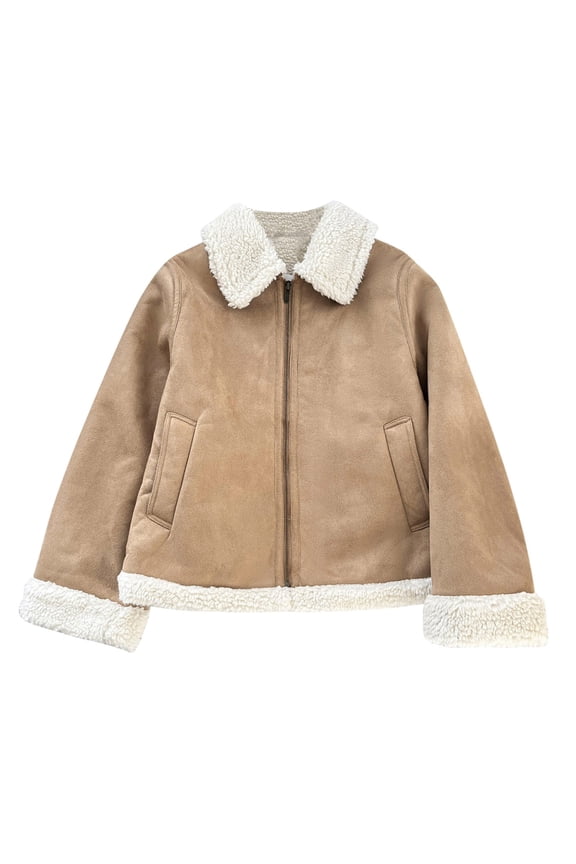 Winter Cotton Jacket for Womens Warm Sherpa Lined Lapel Jackets Fur Shearling Cropped Coat Solid Color Zip Up Wool Outerwear with Pockets