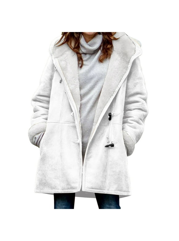 VEKDONE Winter Warm Hoodie Jackets for Women 2024 Clearance Long Sleeve Lined Fleece Horn Button Outwear with Pockets Solid Color Thickened Plush Hooded Coat White S