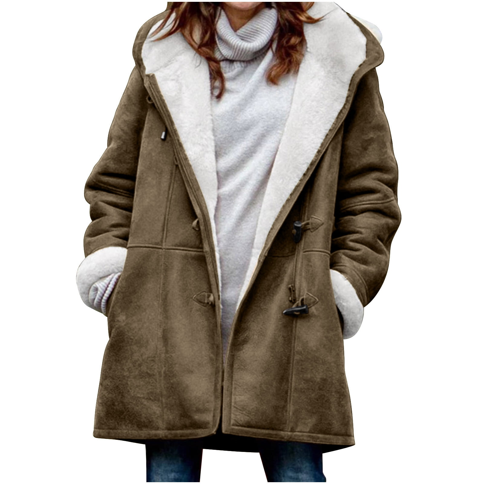 VEKDONE Winter Warm Hoodie Jackets for Women 2024 Clearance Long Sleeve Lined Fleece Horn Button Outwear with Pockets Solid Color Thickened Plush Hooded Coat Army Green XXL