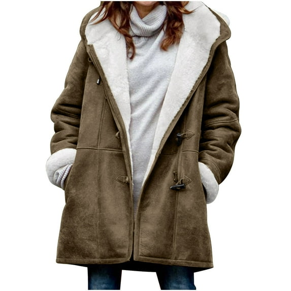 VEKDONE Winter Warm Hoodie Jackets for Women 2025 Long Sleeve Lined Fleece Horn Button Outwear with Pockets Solid Color Thickened Plush Hooded Coat Army Green L