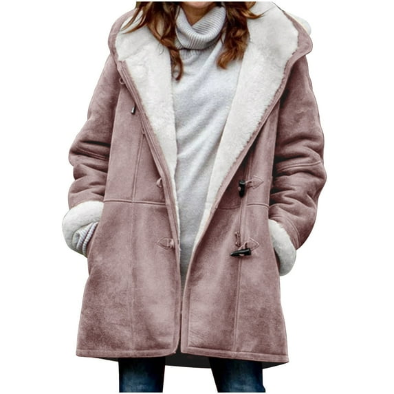 VEKDONE Winter Warm Hoodie Jackets for Women 2025 Clearance Long Sleeve Lined Fleece Horn Button Outwear with Pockets Solid Color Thickened Plush Hooded Coat Pink XXXXXL