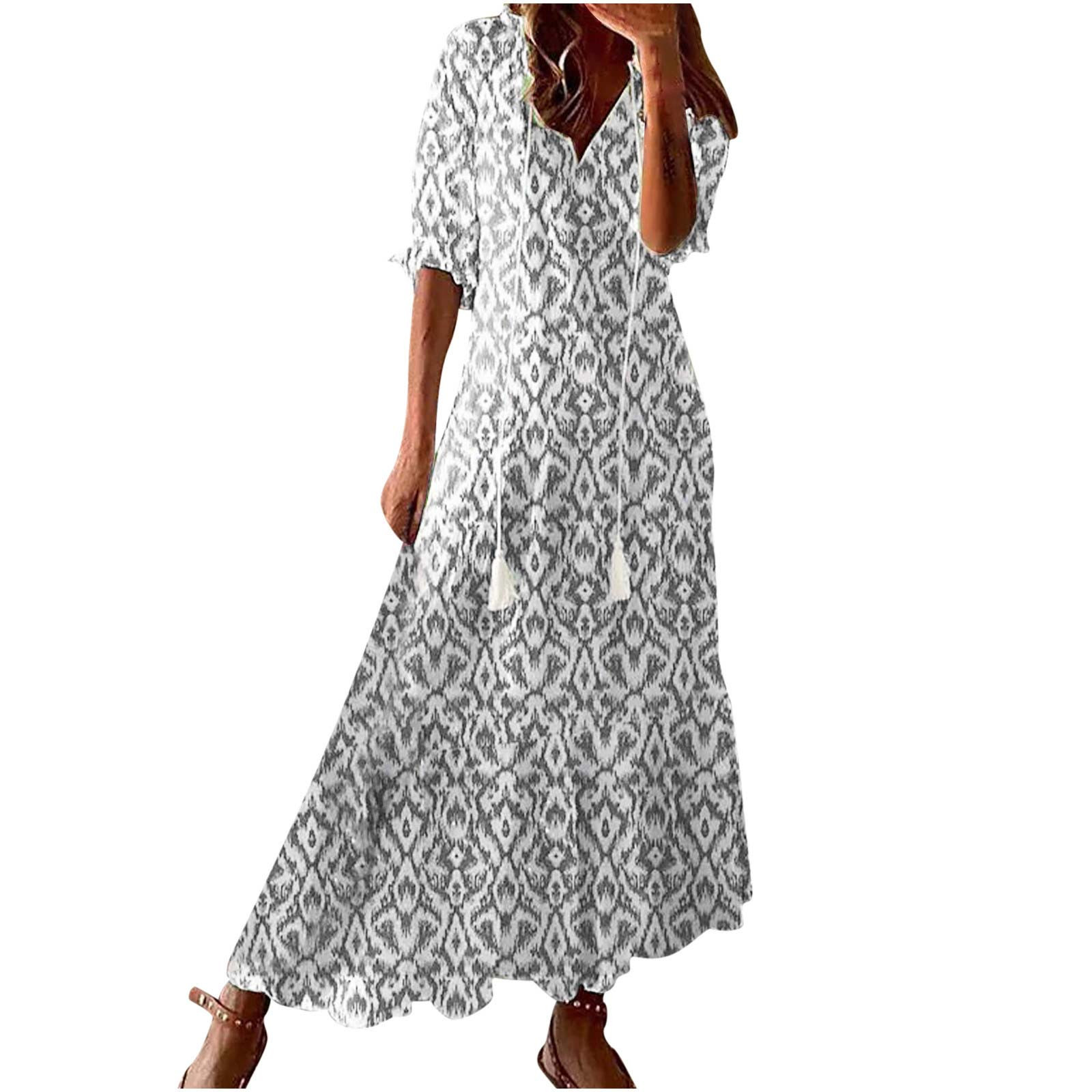 VEKDONE Women 3/4 Sleeve Maxi Dress Trendy Print V-Neck Loose Dresses ...