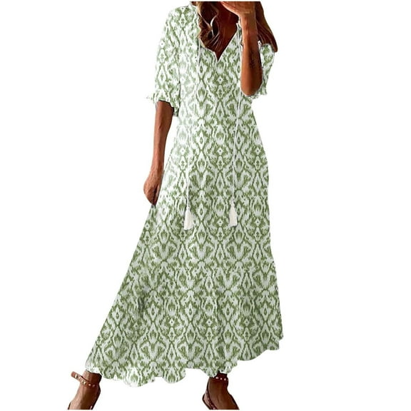 VEKDONE Women 3/4 Sleeve Maxi Dress Trendy Print V-Neck Loose Dresses 2025 Summer Flowy Ruffle Long Skirt Casual Soft Comfy Tunics House Dress Green L