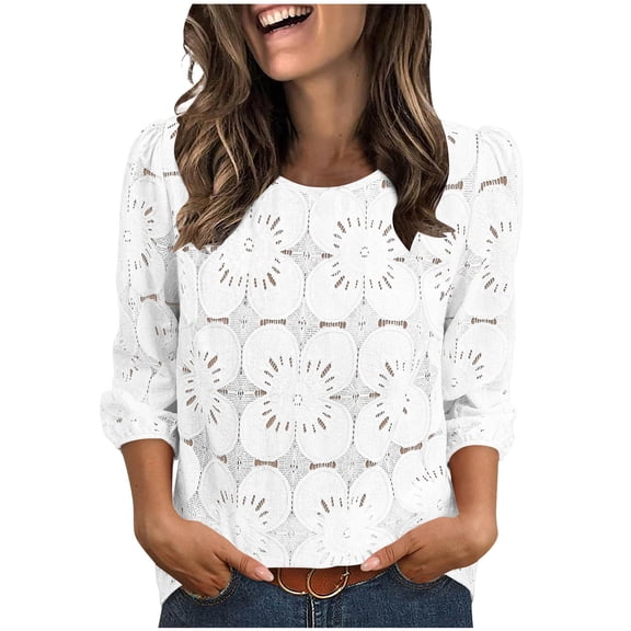 VEKDONE Women Blouses Dressy Casual 3/4 Length Sleeve Tops Eyelet Embroidery Lace Blouse Spring Summer Shirts Beach Vacation Fashion Clothes White XL