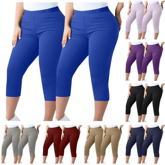 VEKDONE Women Capri Pants 2 Pack Plus Size Stretch Knee Length Leggings Elastic Waist Casual Summer Ladies High Waisted Tummy Control Capris