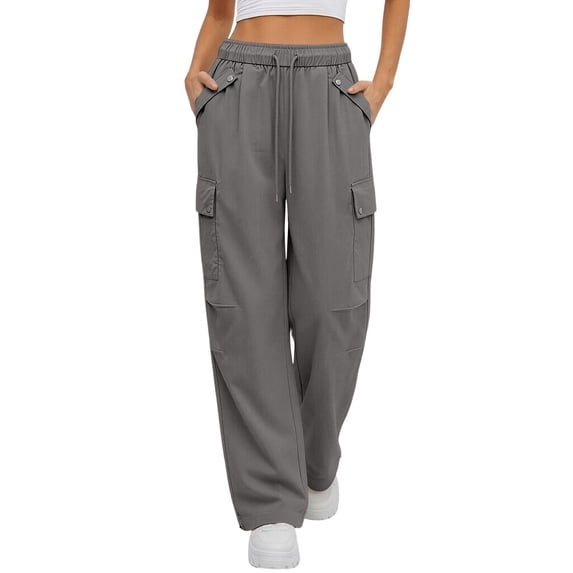 VEKDONE Women Cargo Sweatpants Elastic High Waisted Drawstring Long Pants Solid Color Multi Pockets Straight Trousers Summer Casual Workout Hiking Joggers Pants Dark Gray XL