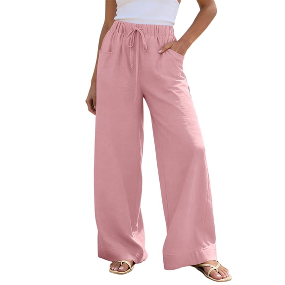 VEKDONE Women Casual Wide Leg Pants Elastic Waist Drawstring Palazzo Pants Summer Loose Fit Flowy Straight Trousers with Pockets Pink S