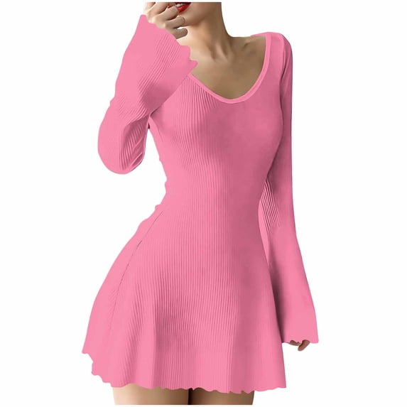 VEKDONE Women Cocktail Bodycon Mini Dress Trendy Bell Long Sleeve Ruffle Hem Short Dresses Solid Color Slim Fit Club Party Dresses Pink XXL