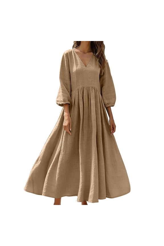 Women Cotton Linen Maxi Dress Summer 3/4 Sleeve Caftan Loose Fit Flowy Empire Waist Vacation Beach Dresses Solid Color Basic Long Dress Khaki M