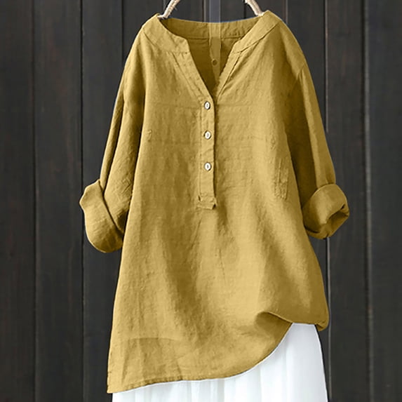 VEKDONE Women Cotton Linen Shirts Fall Roll-Up Sleeve Button Down Blouse Solid Color Loose Fit Gauze Tunics Tops Trendy V-Neck Ladies Pullover Top