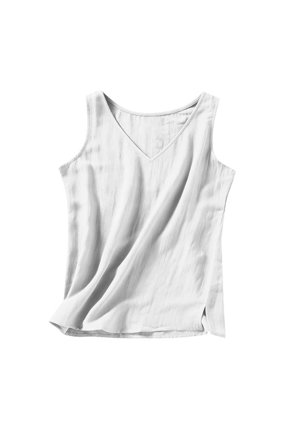 Women Cotton Linen Tank Tops Sleeveless Loose Fit V Neck Gauze Shirts Causal Lightweight Breathable Beach Tanks Summer Side Split Tunic Vests White XL