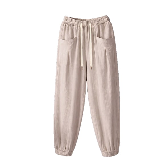 VEKDONE Women Cotton Palazzo Pants Summer Boho Wide Leg Pants High Waist Drawstring Lounge Pants Loose Fit Comfy Trousers with Pockets Beige XL