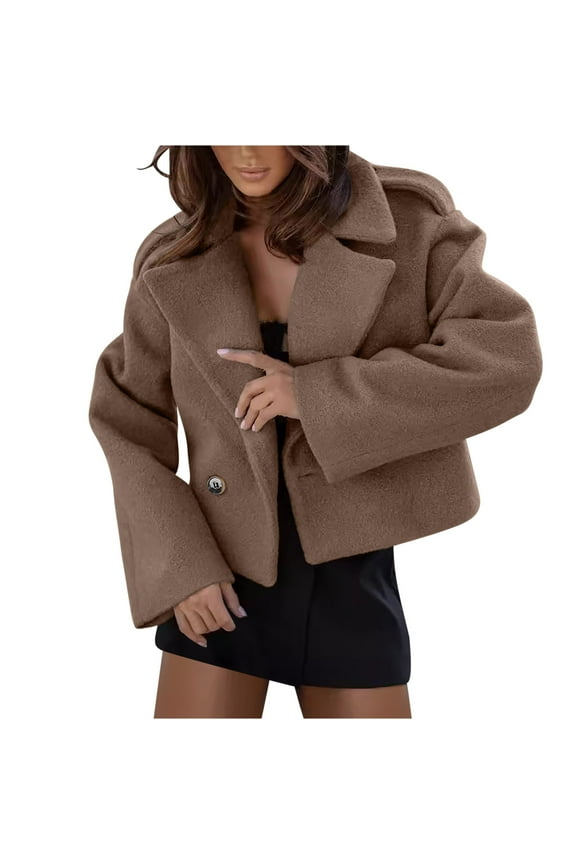 Women Cropped Cardigan Pea Coat Wool Blend Jackets Dressy Lapel Collar Office Work Short Jacket Winter Button Open Front Cardigans Coats