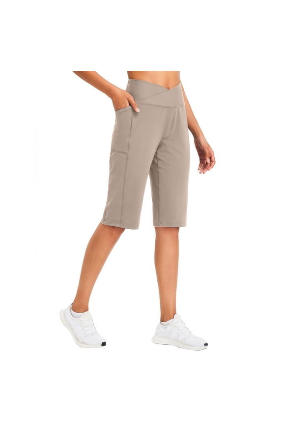 Women Cropped Yoga Pants High Waisted Stretchy Straight Tights with Pockets Soild Color Slim Workout Leggings Half Pants Beige L