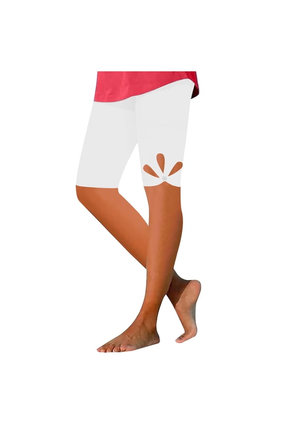 Women Cropped Yoga Pants High Waisted Stretchy Straight Tights with Pockets Soild Color Slim Workout Leggings Half Pants White XXL