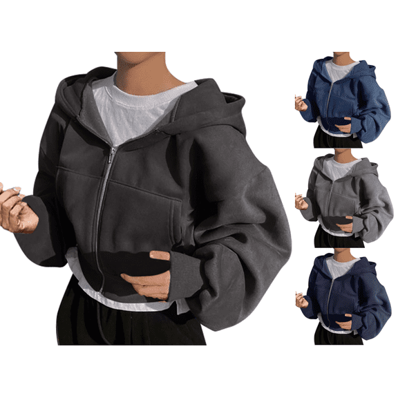 VEKDONE Women Cropped Zip Up Hoodies Oversized Long Sleeve Loose Fit Sweatshirt Coat Y2K Clothes Fall Fashion Athletic Workout Outerwear with Pockets