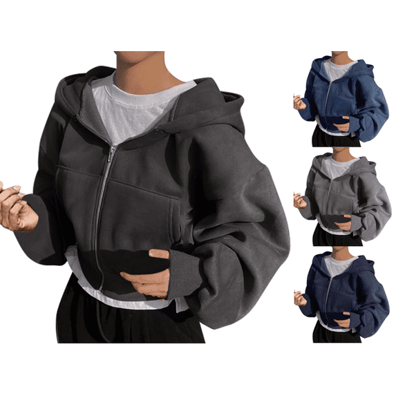 VEKDONE Women Cropped Zip Up Hoodies Oversized Long Sleeve Loose Fit Sweatshirt Coat Y2K Clothes Fall Fashion Athletic Workout Outerwear with Pockets