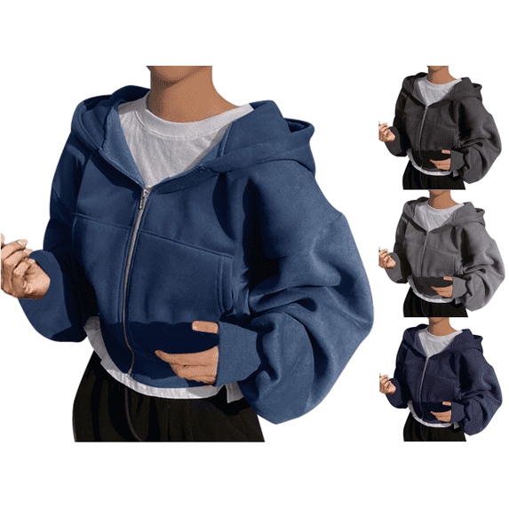 VEKDONE Women Cropped Zip Up Hoodies Oversized Long Sleeve Loose Fit Sweatshirt Coat Y2K Clothes Fall Fashion Athletic Workout Outerwear with Pockets