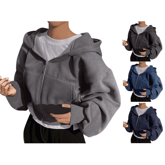 VEKDONE Women Cropped Zip Up Hoodies Oversized Long Sleeve Loose Fit Sweatshirt Coat Y2K Clothes Fall Fashion Athletic Workout Outerwear with Pockets