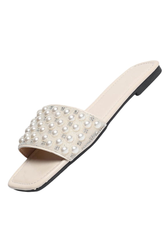 Women Fashionable Casual Toe Soft Leather Pearl Ribbon Versatile Flat Bottom Outer Wear Lazy Slippers Beige 5.5