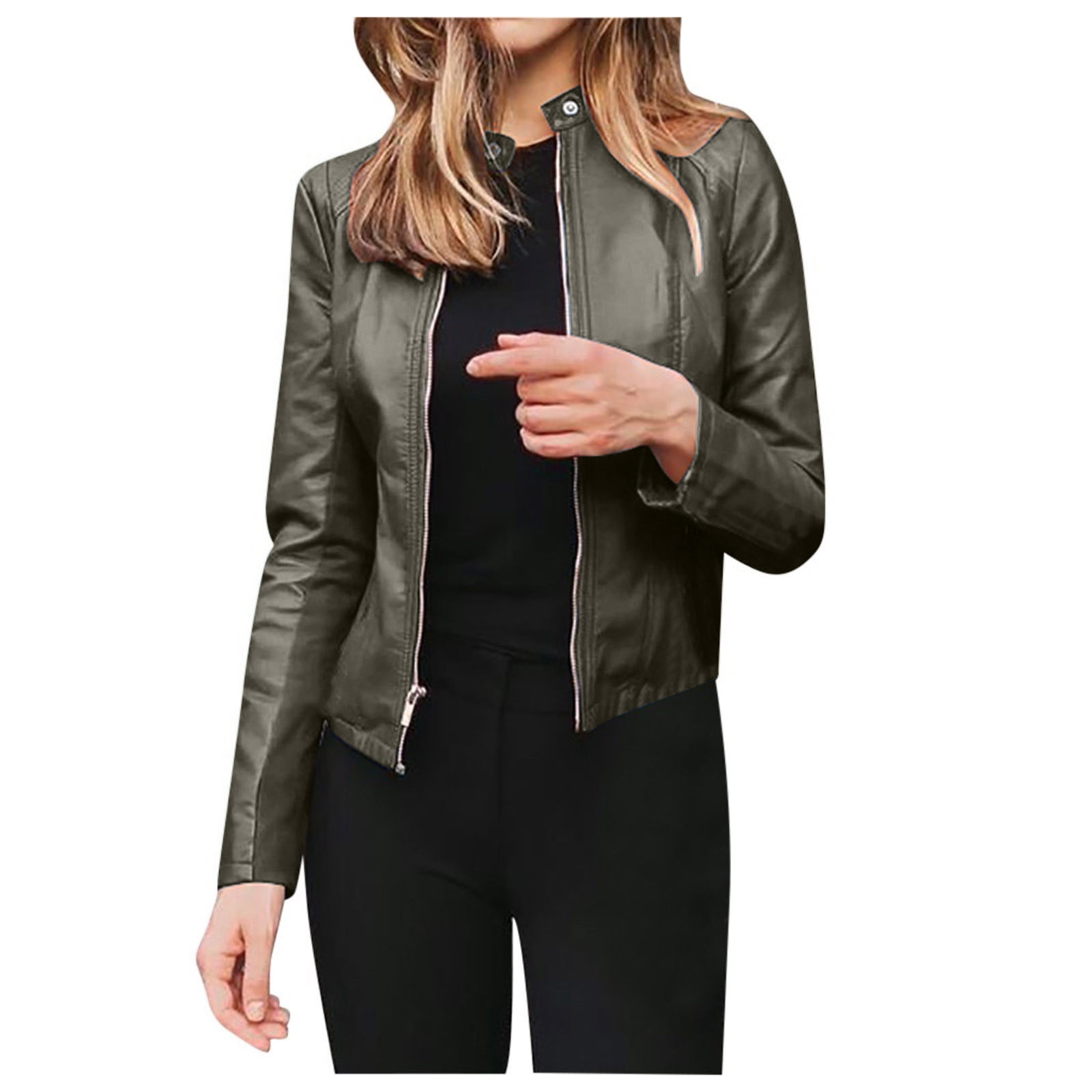 VEKDONE Women Faux Leather Motorcycle Cropped Jacket Fall Casual Bomber Jacket Short Coat 2025 Clearance on Sale Army Green XXXXXL