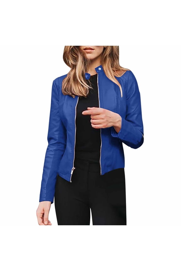 Women Faux Leather Motorcycle Cropped Jacket Fall Casual Bomber Jacket Short Coat 2026 Dark Blue S