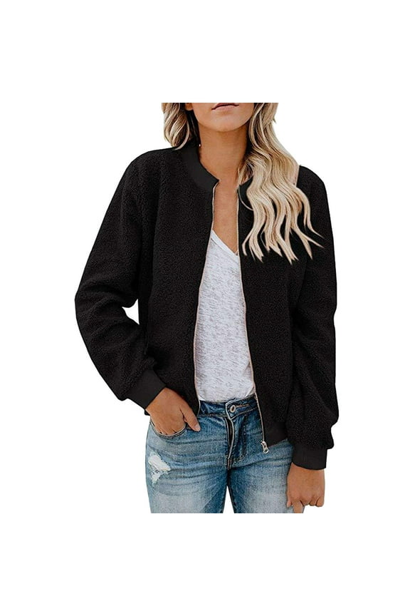 Women Fleece Bomber Jacket Winter Long Sleeve Faux Sherpa Fuzzy Jackets Full Zip Up Mock Neck Coat with Pockets Fall Fashion Clothes