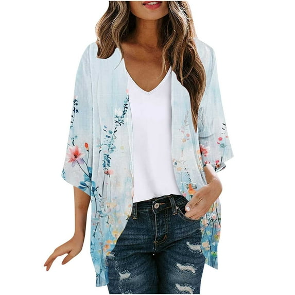 VEKDONE Women Floral Kimono Cardigan Summer Sheer Loose Lightweight Beach Shawl Half Sleeve Chiffon Cover Up Casual Blouse Tops