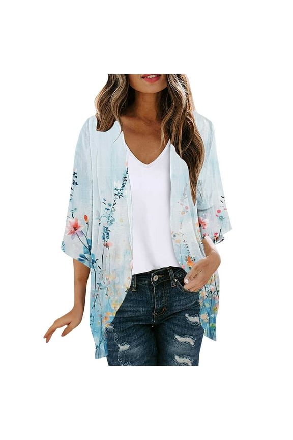 Women Floral Kimono Cardigan Summer Sheer Loose Lightweight Beach Shawl Half Sleeve Chiffon Cover Up Casual Blouse Tops