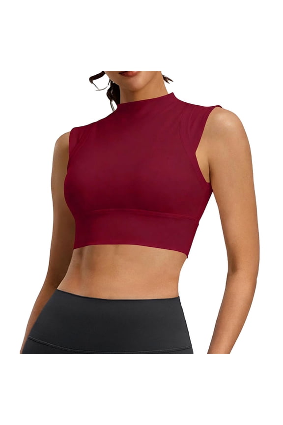 Women High Neck Sports Bra Padded Yoga Crop Tank Tops Sleeveless Workout Fitness Shirts Fashion Activewear Red L