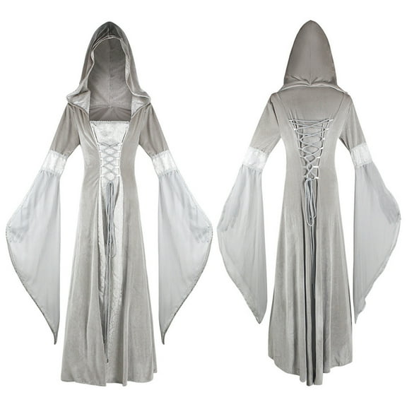 VEKDONE Women Hooded Cape Long Dress Renaissance Medieval Lace Up Corset Steampunk Witch Dresses XS,S,M,L,XL,XXL,XXXL